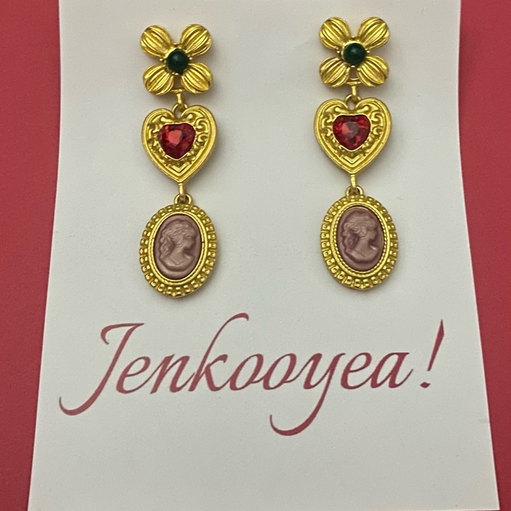 Gold and Red Heart Drop Earrings